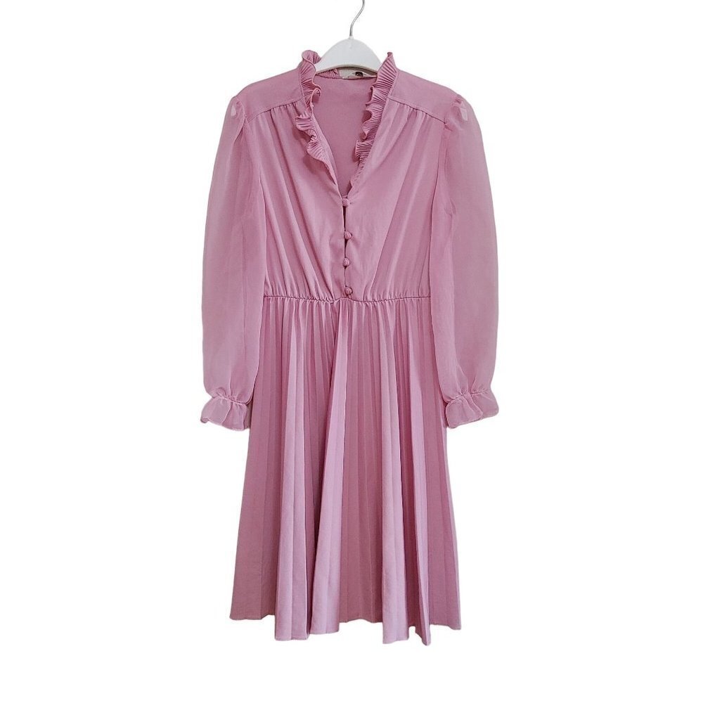 Montgomery Ward Vintage According Pleated Ruffle Button Up V Neck Pink Dress Siz